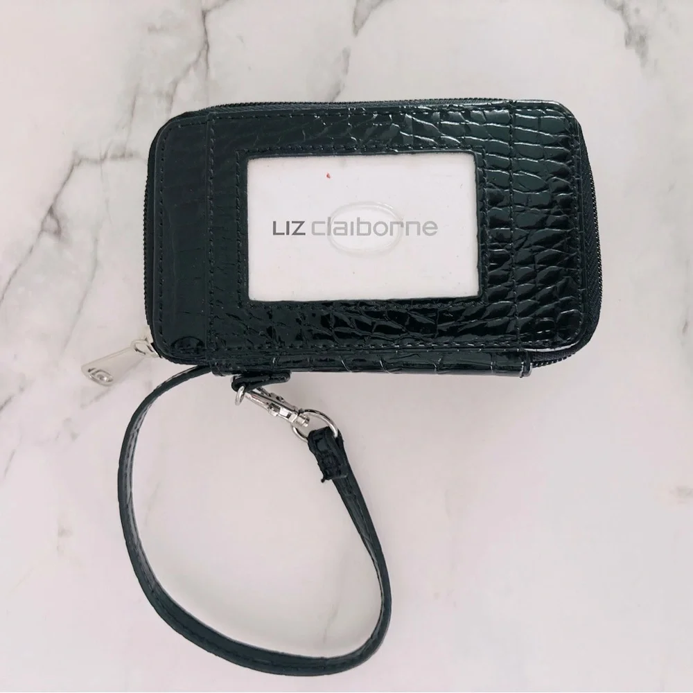 Liz Claiborne Glossy Black Croc-Embossed Style Compact‎ Wristlet Card Holder